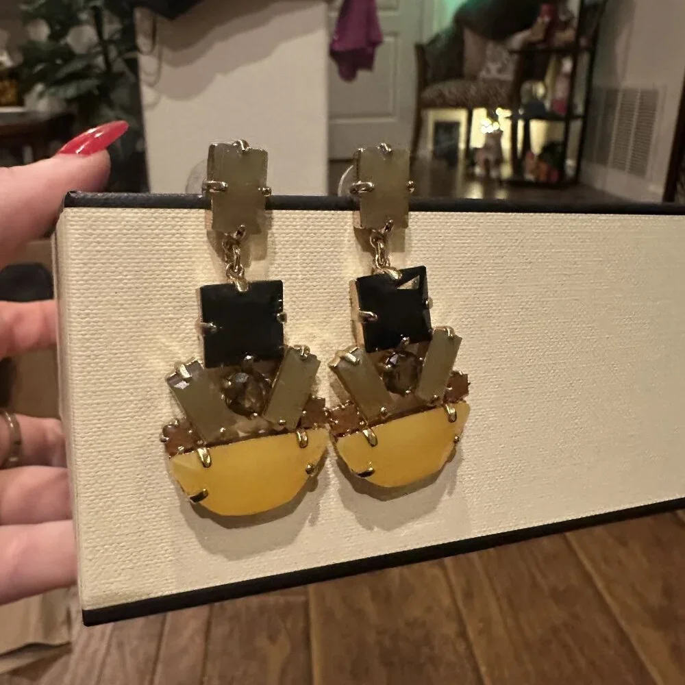Geometric Multi-Stone Drop Earrings In Yellow Black & Gold-Tone Design